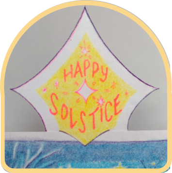 Bright yellow star with pink "Happy Solstice" text slots onto the top of Winterkele.